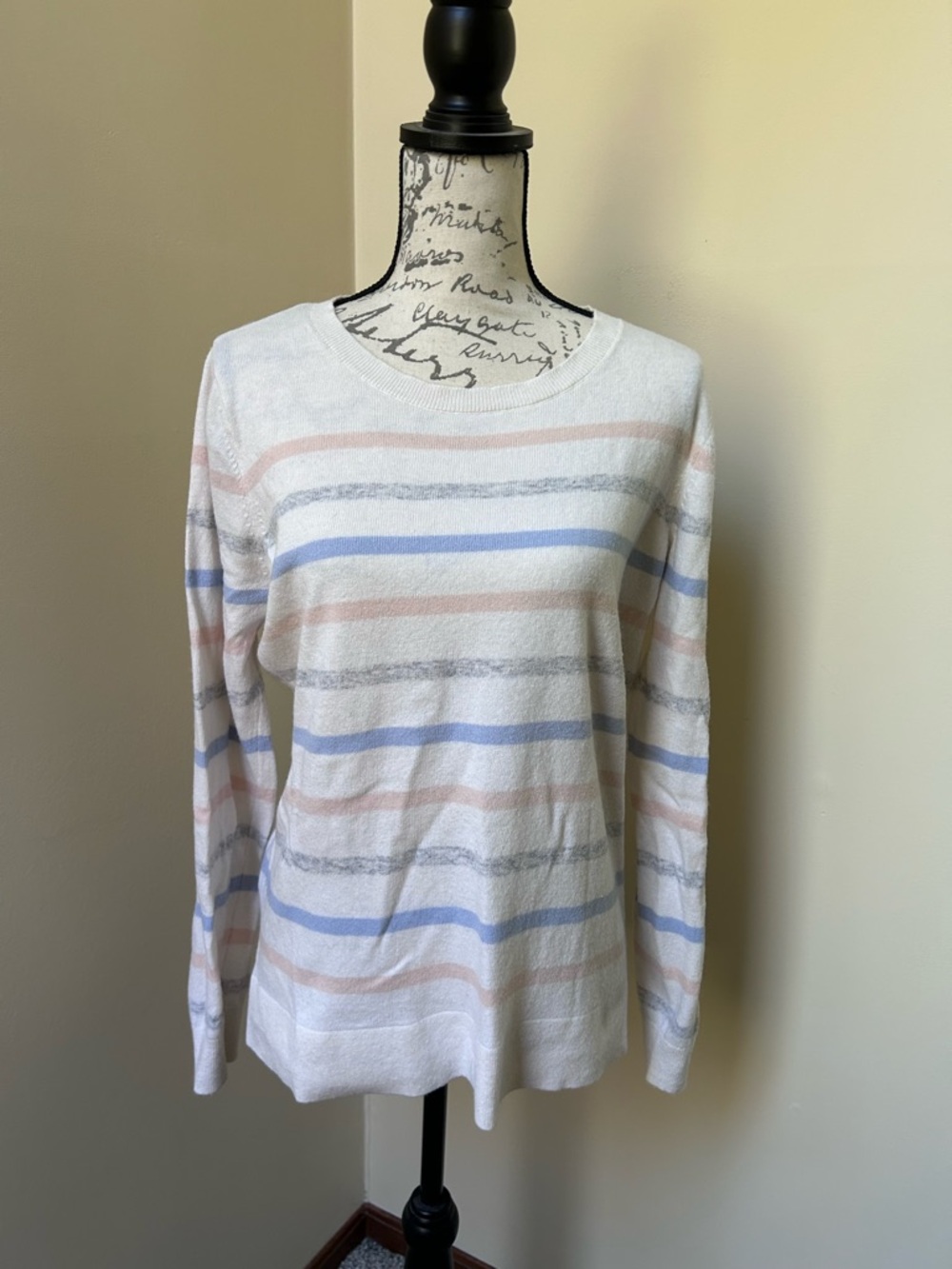 LOFT Cream Striped Knit Crewneck Lightweight Sweater